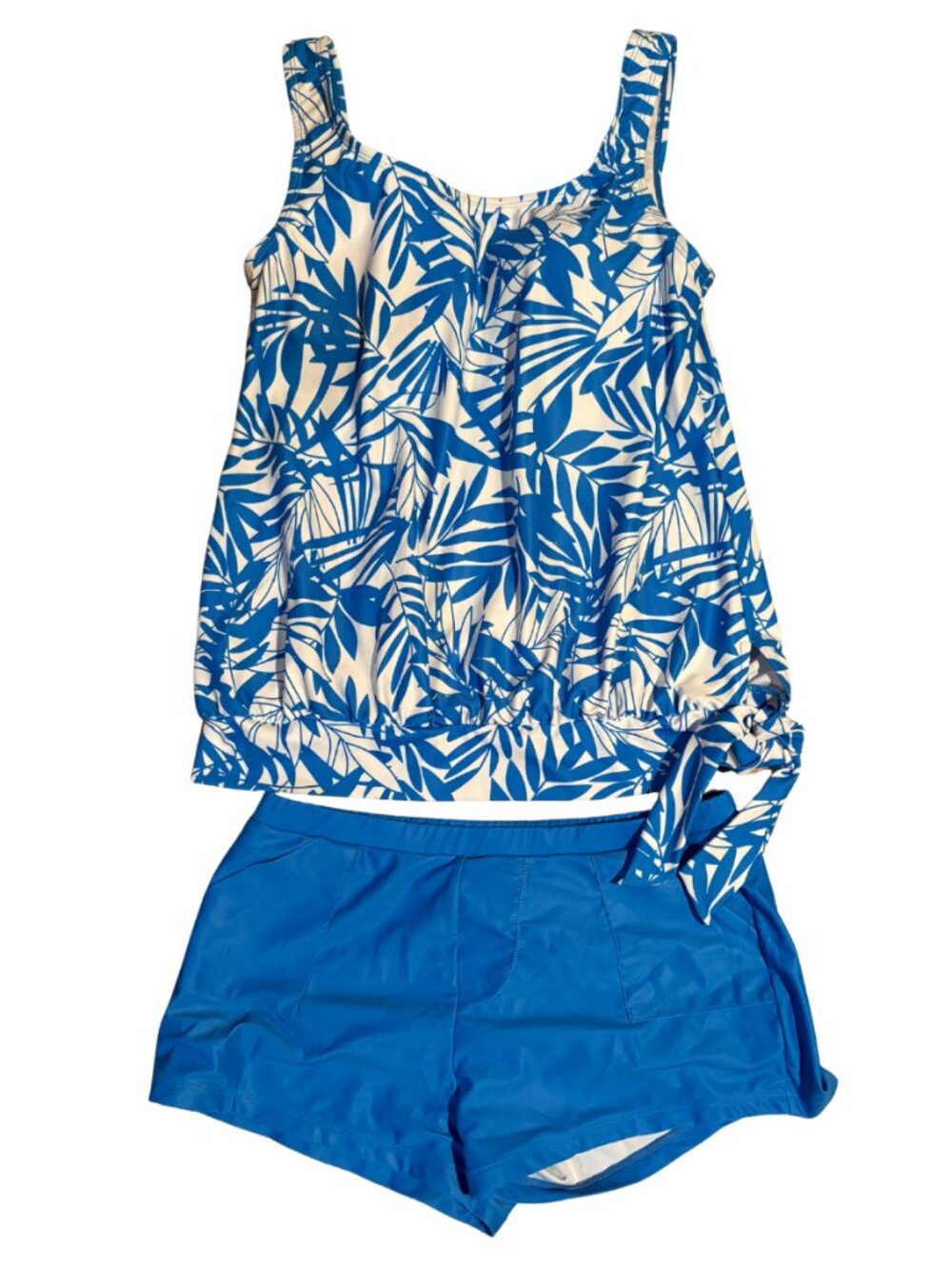 MeetCurve Tropical Tankini Set Blue Palm Print Blouson Swim Top Shorts M